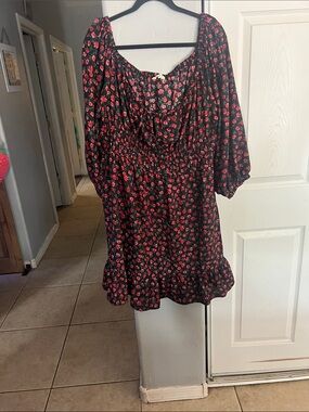 Blush Black Floral Peasant Tunic with Red Rose Print
